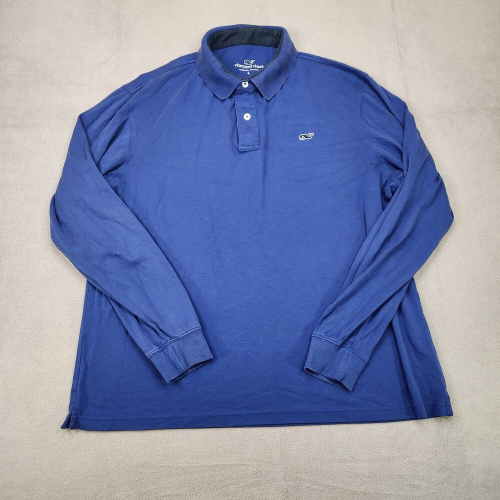 Vineyard Vines Polo Shirt Mens L Blue Long Sleeve 100% Cotton Stretch Whale Logo